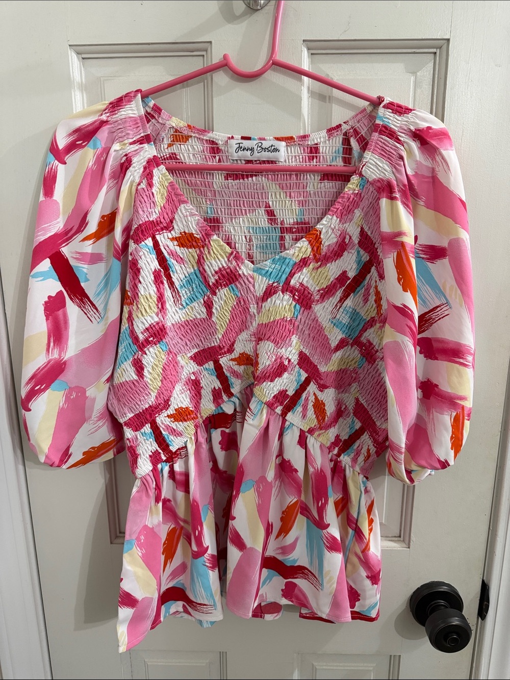 Jenny Boston Pink Brushstroke Smocked V-Neck Blouse
